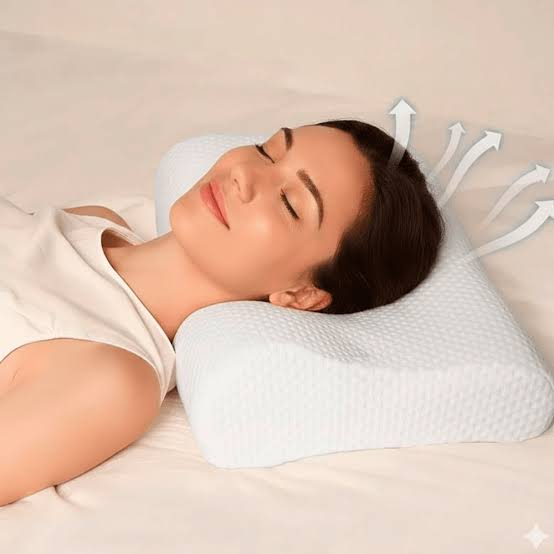Mujer durmiendo cómodamente con almohada cervical ortopédica memory foam