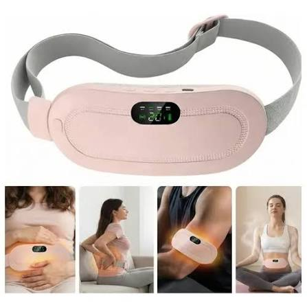 Cinturón térmico con masaje para cólicos menstruales — vista del producto y uso